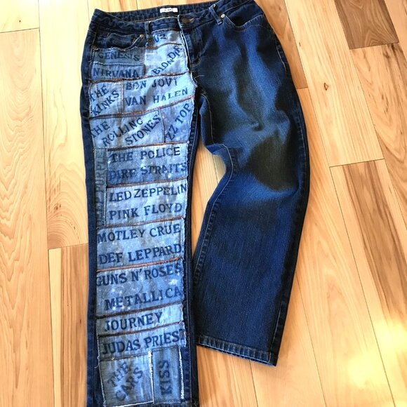 1980s Rock Band Patch Jeans, Size 12: Upcycled Vintage Patchwork Hippie Pants - Picture 7 of 11